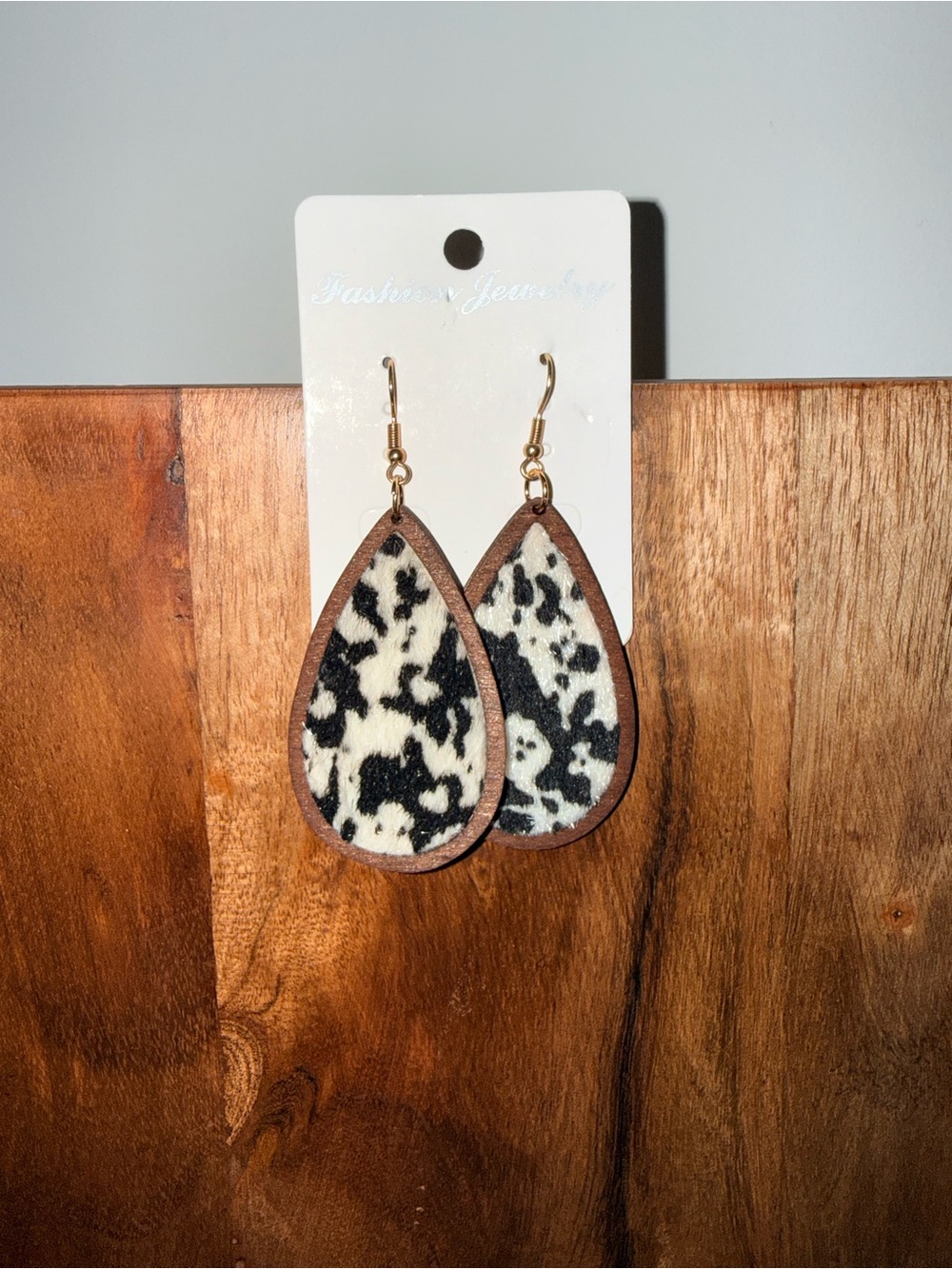 Black & White Cowhide Teardrop Earrings with Brown Trim